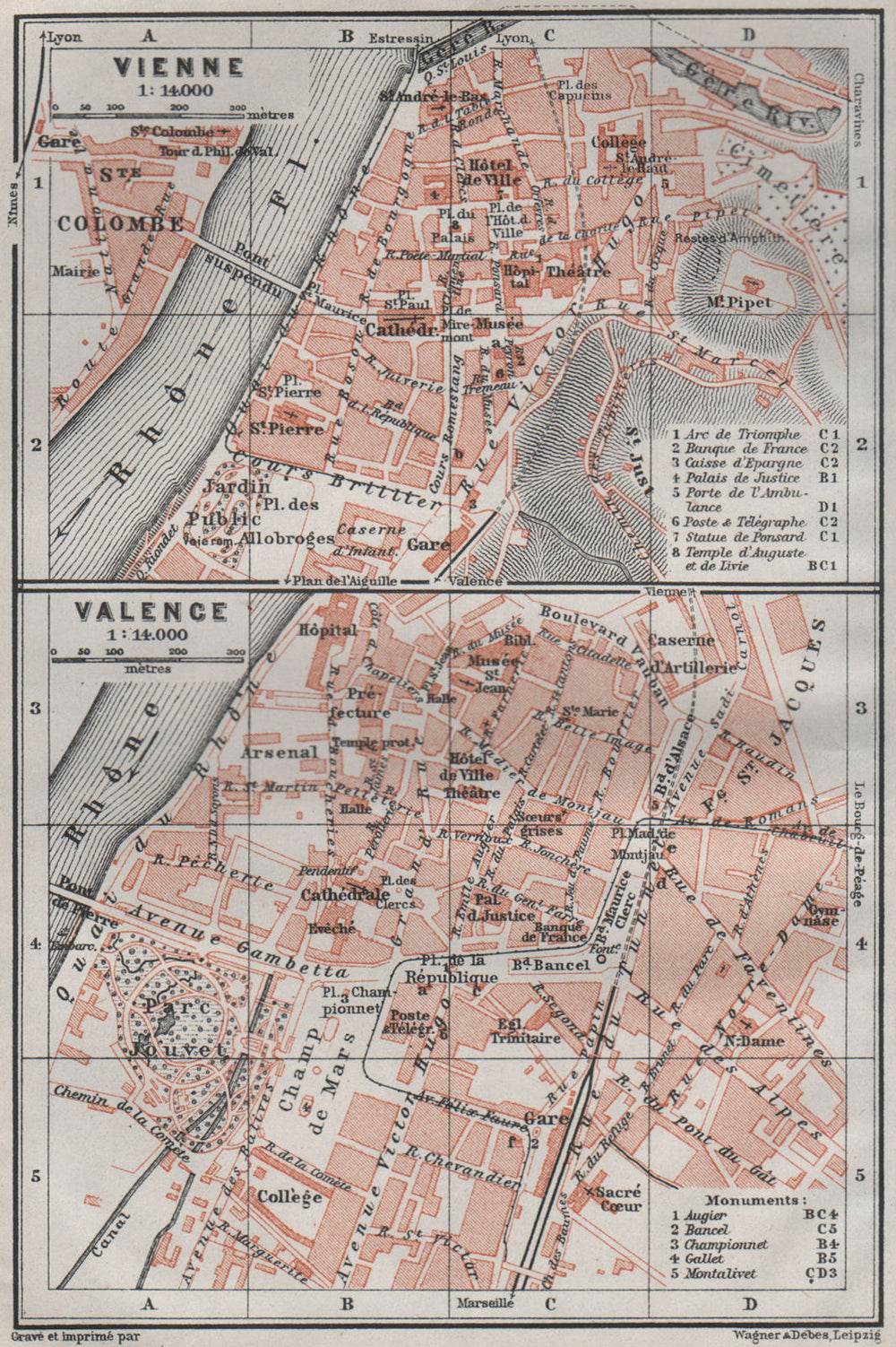 VIENNE (Isère) & VALENCE (Drôme) town city plan de la ville. Rhône 1907 map