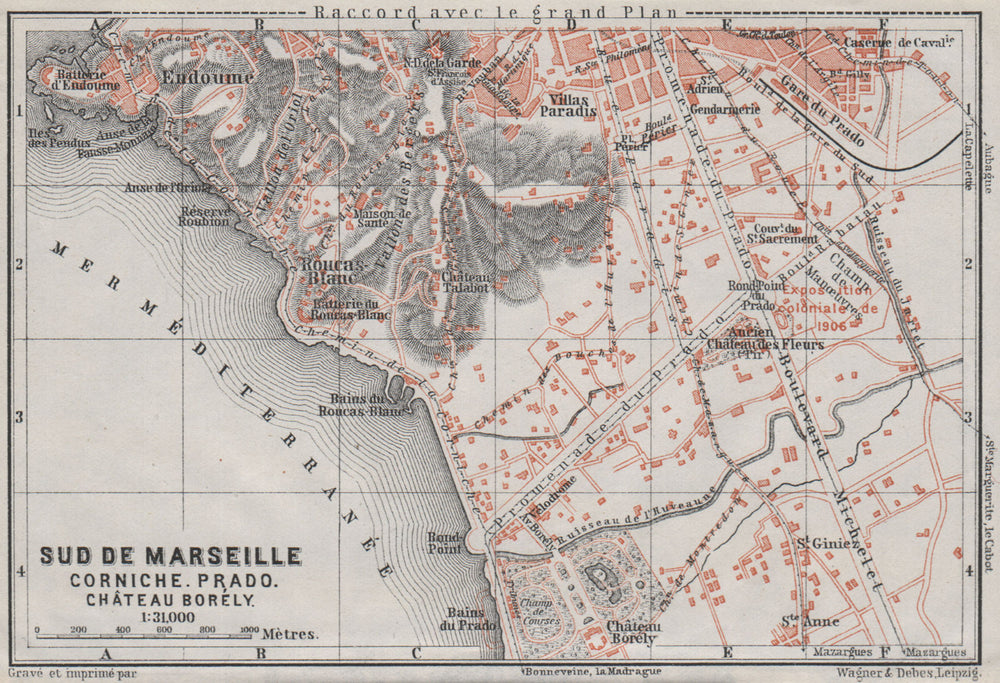 SUD DE MARSEILLE. Corniche Prado Château Borély. Bouches-du-Rhône 1907 old map