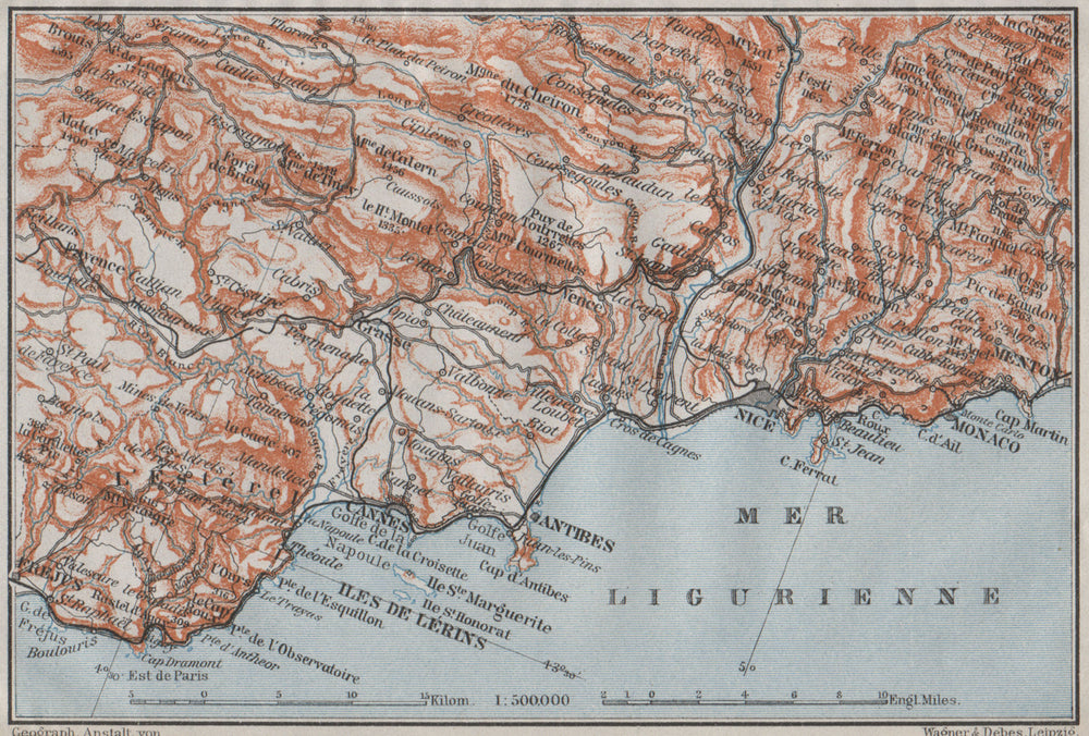 COTE D'AZUR/ de L'Esterel. Cannes Antibes Nice Monaco Frejus Lérins 1907 map