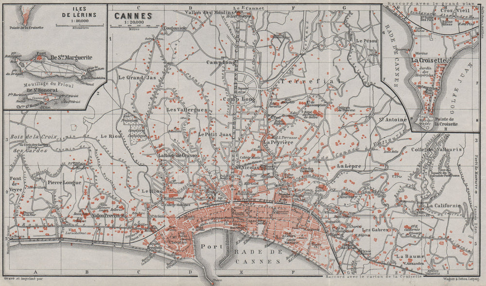 CANNES town plan/environs. La Croisette Iles de Lérins Alpes-Maritimes 1907 map
