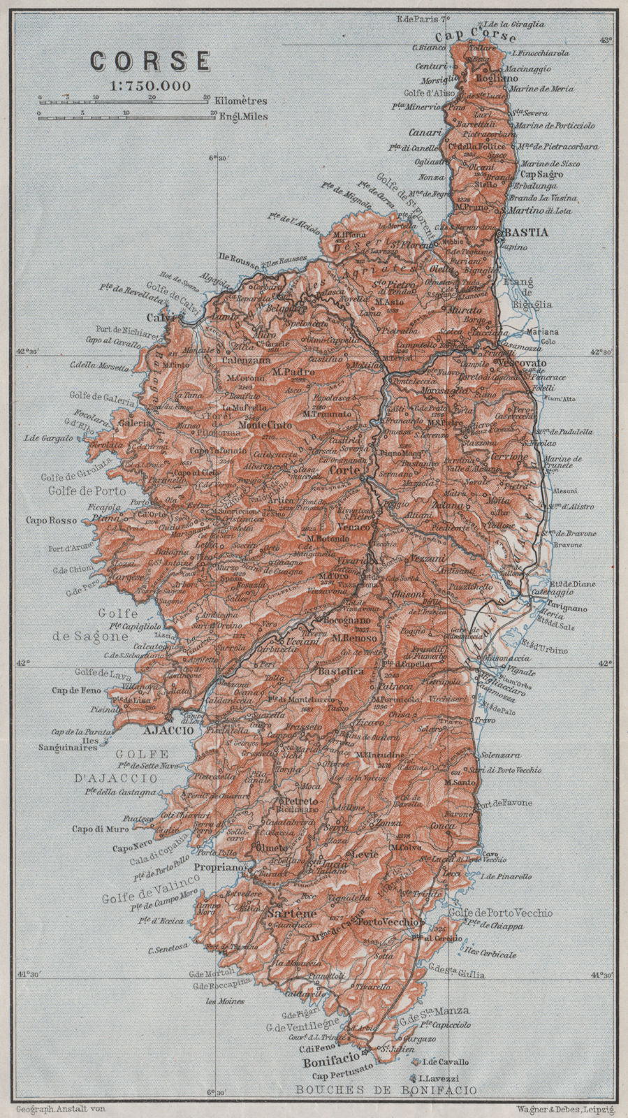 CORSE CORSICA. Bastia Bonifacio Ajaccio Calvi Corte Porto Vecchio Cap 1907 map