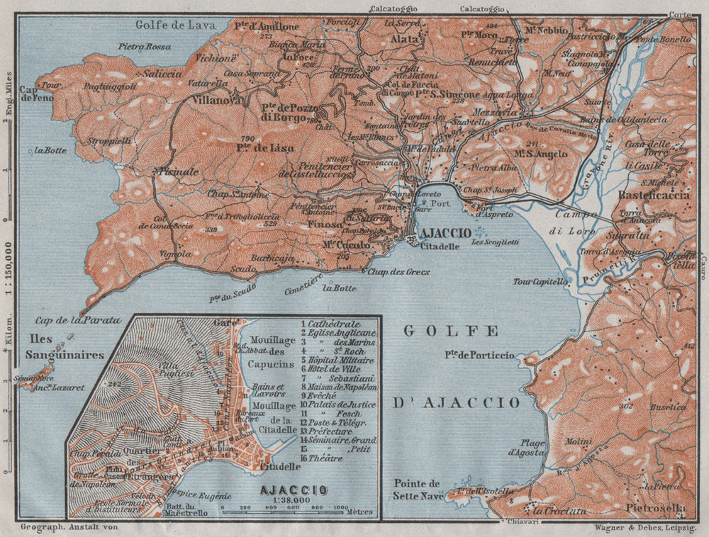 GOLFE D'AJACCIO & town city plan. Bastelicaccia. Corse-du-Sud Corsica 1907 map