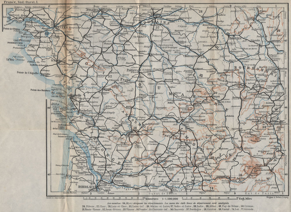 SOUTH-WESTERN FRANCE. Poitou Touraine Limousin Berry Aunis Saintonge 1914 map