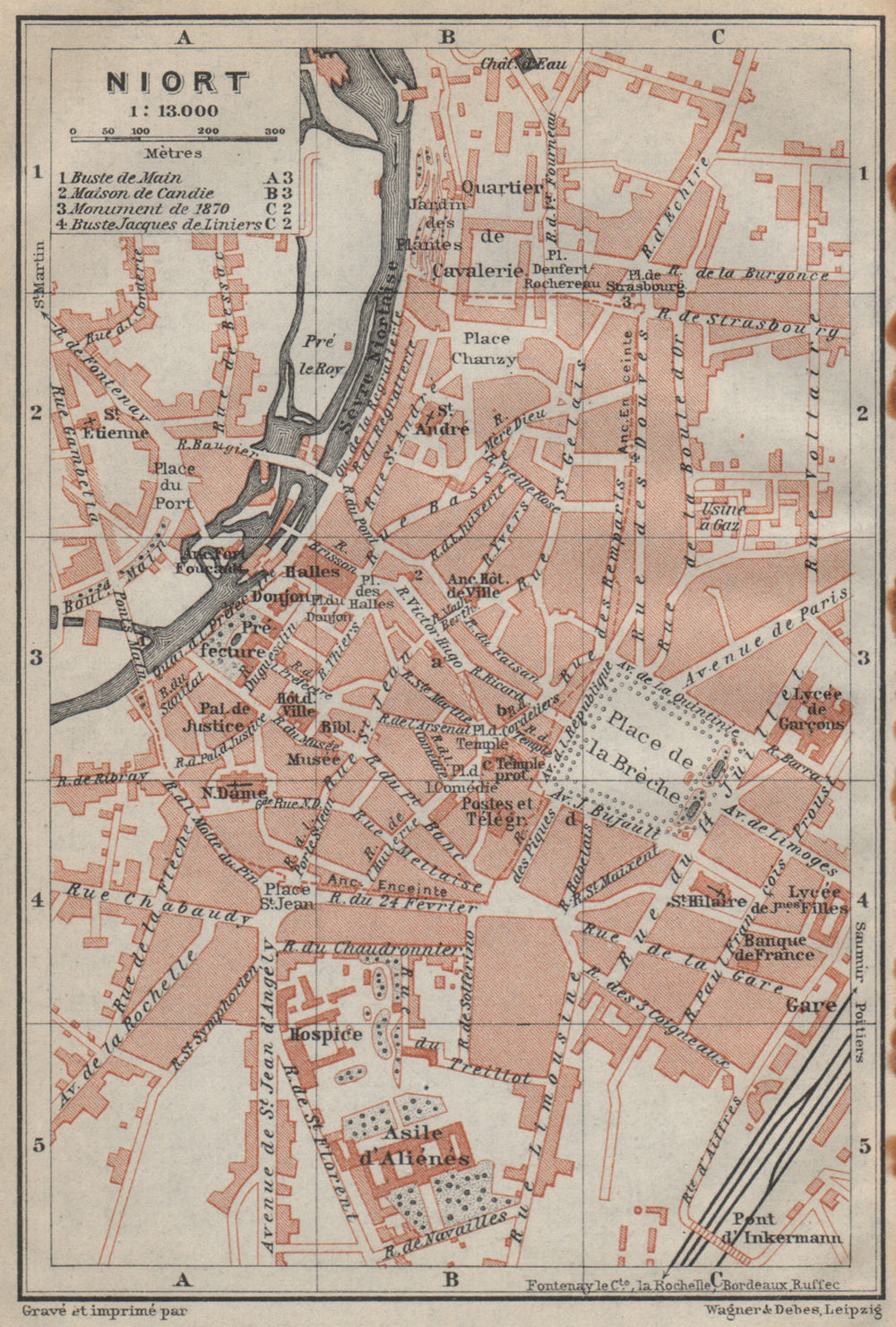 NIORT antique town city plan de la ville. Deux-Sèvres carte. BAEDEKER 1914 map