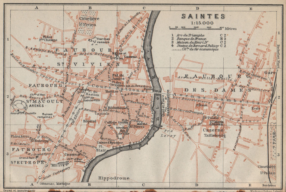 SAINTES antique town city plan de la ville. Charente-Maritime carte 1914 map