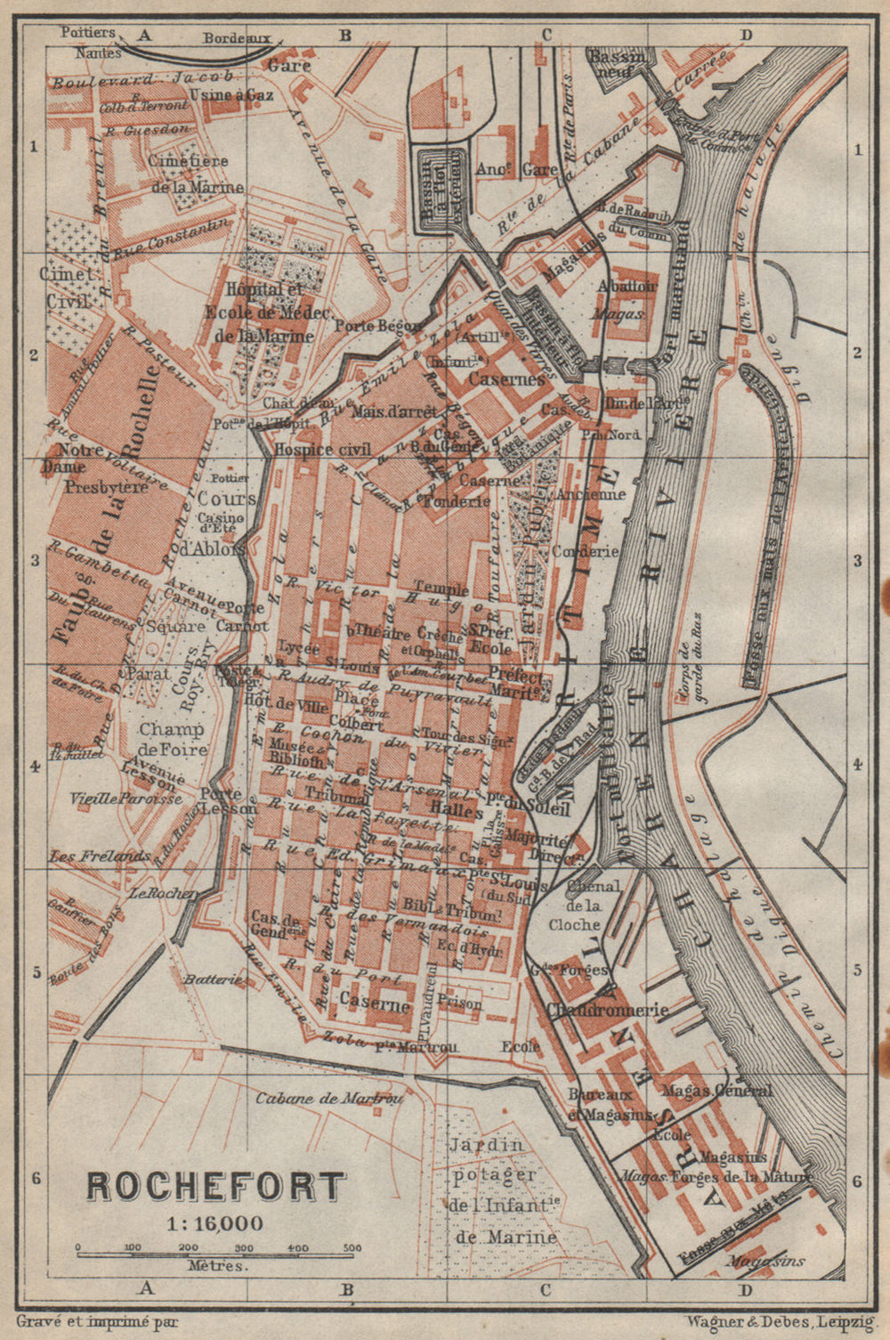 ROCHEFORT antique town city plan de la ville. France carte. BAEDEKER 1914 map