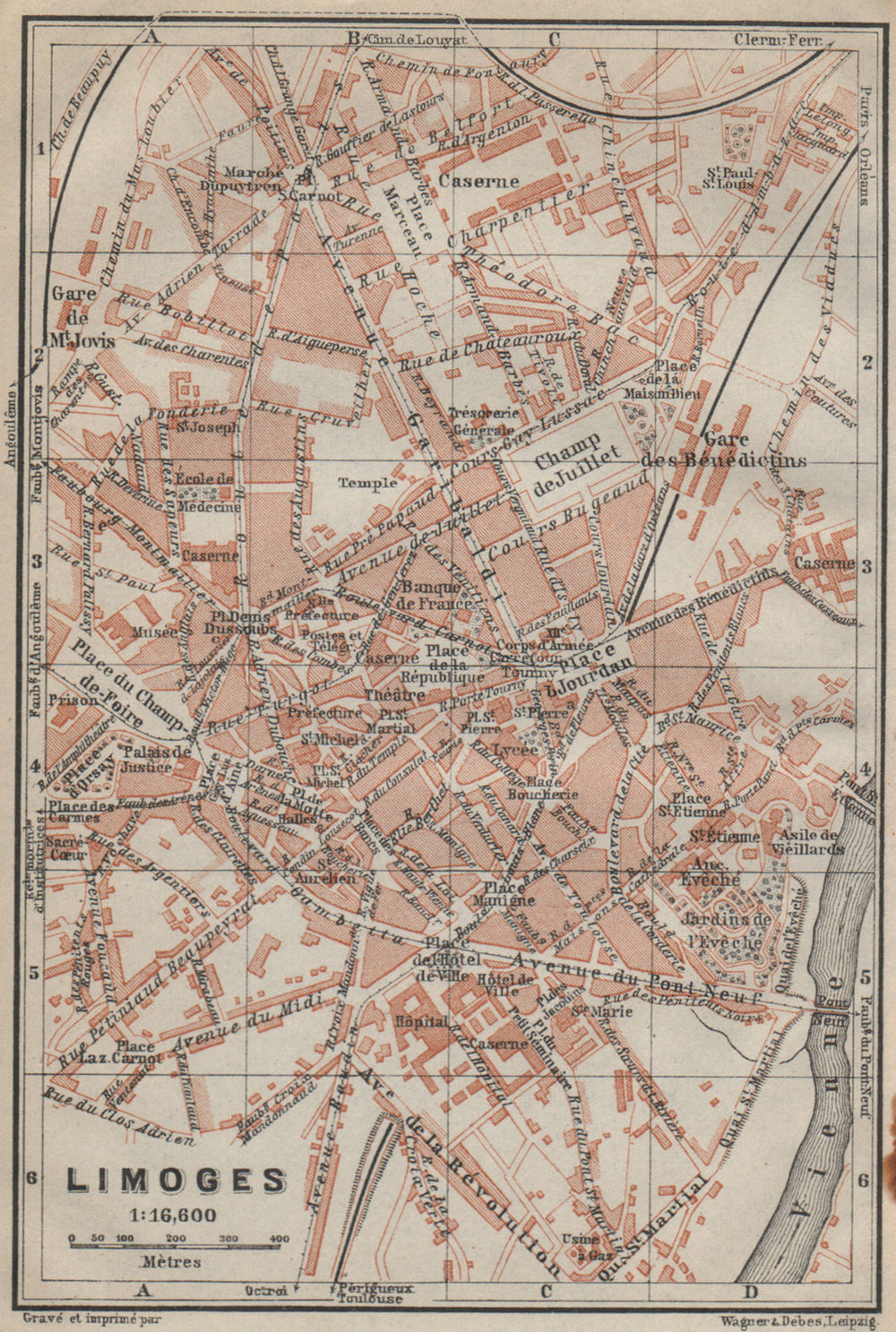 LIMOGES antique town city plan de la ville. Haute-Vienne carte 1914 old map