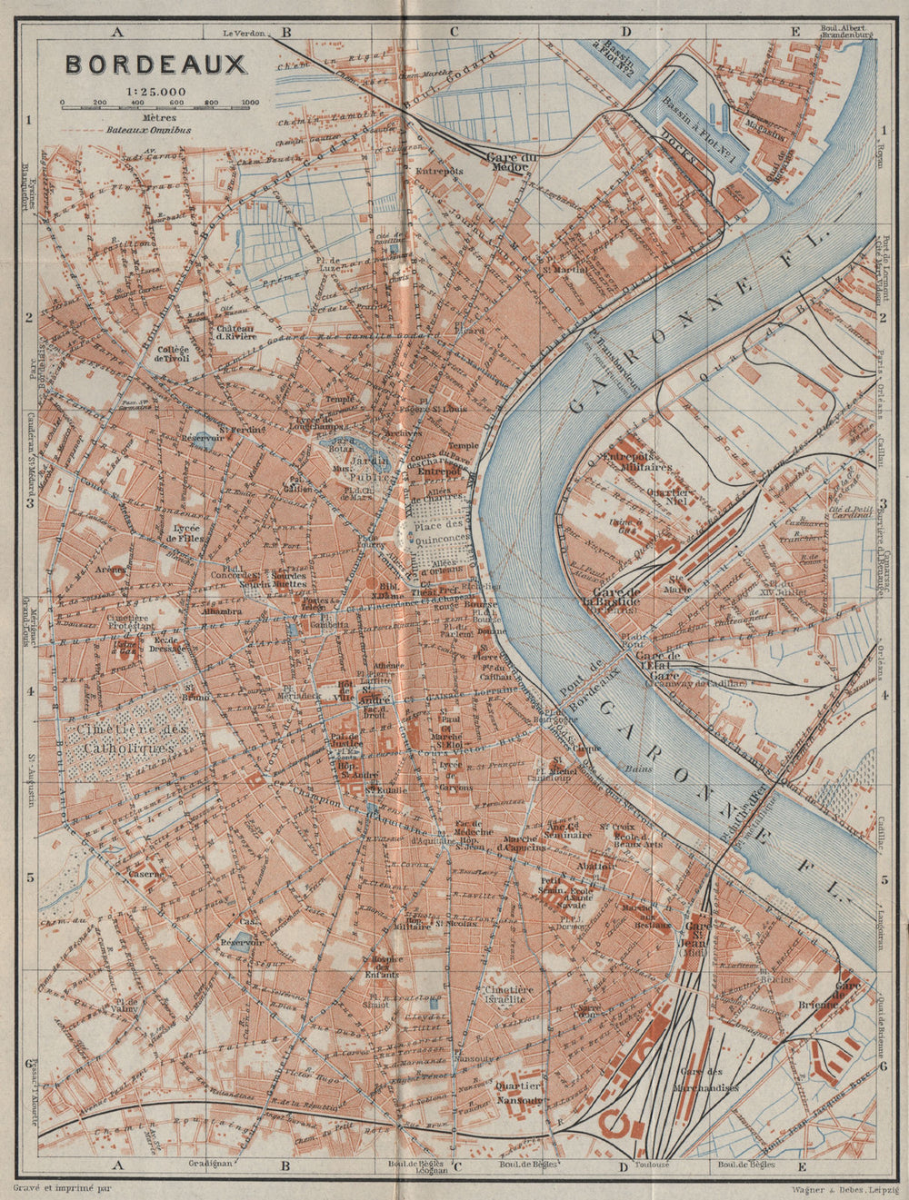 BORDEAUX antique town city plan de la ville. Gironde carte. BAEDEKER 1914 map