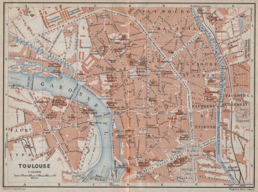 TOULOUSE antique town city plan de la ville. Haute-Garonne carte 1914 old map