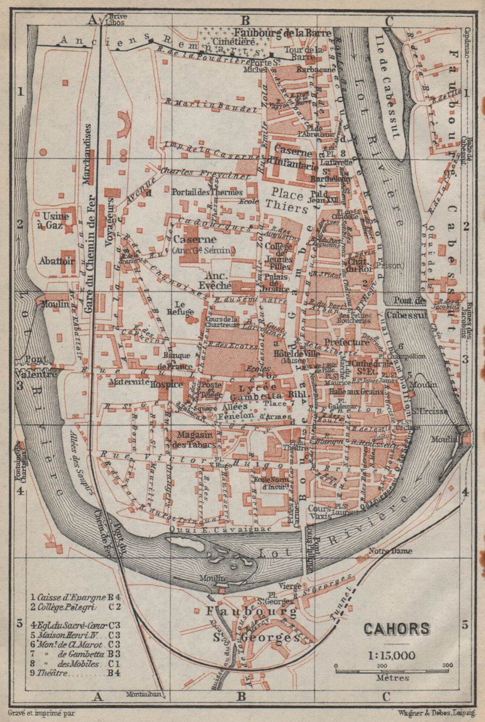 CAHORS antique town city plan de la ville. Lot carte. BAEDEKER 1914 old map
