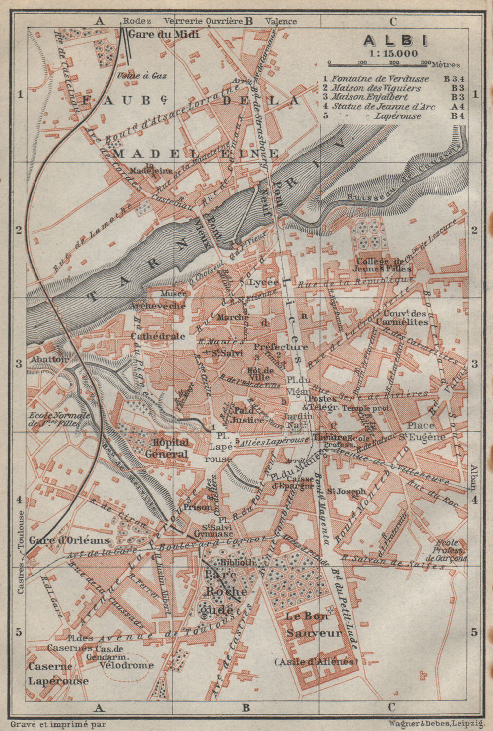 ALBI antique town city plan de la ville. Tarn carte. BAEDEKER 1914 old map