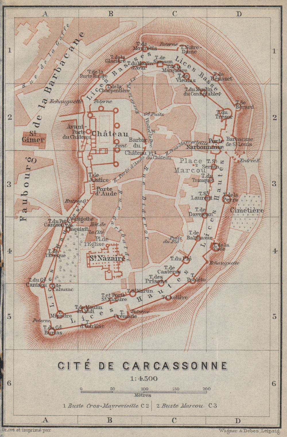 CITÉ DE CARCASSONNE antique town city plan de la ville. Aude carte 1914 map