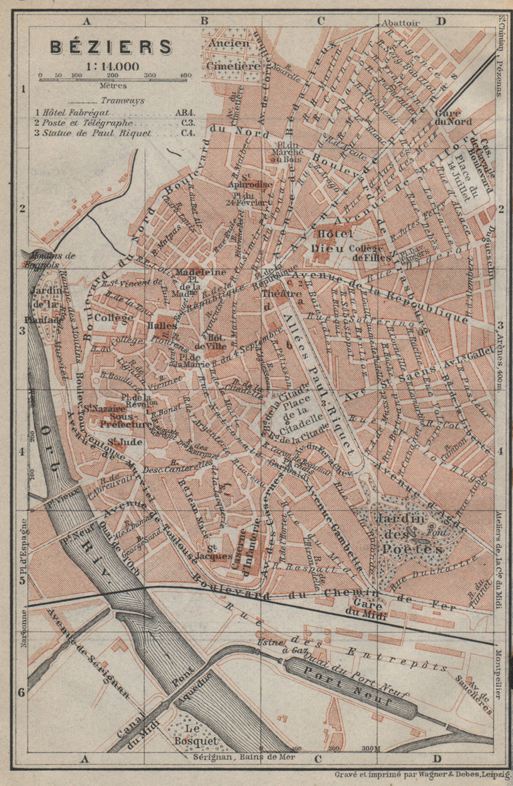 BÉZIERS antique town city plan de la ville. Hérault. Beziers carte 1914 map