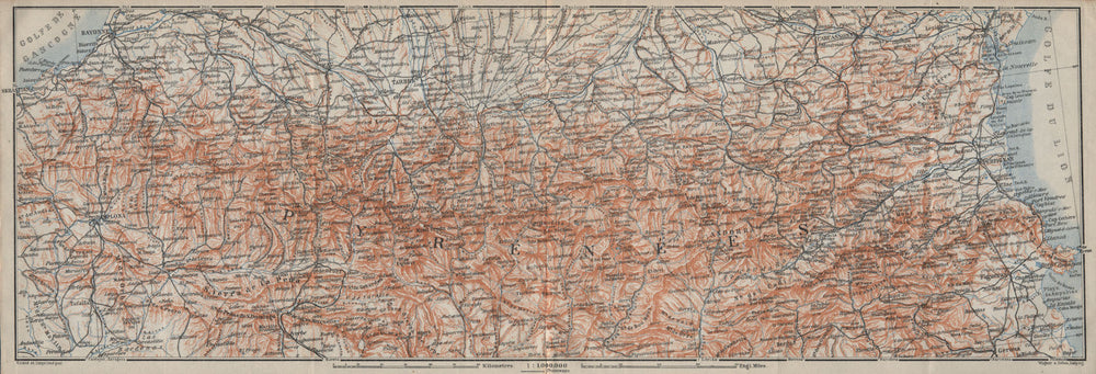 THE PYRENEES. Bayonne Pamplona Tarbes Perpignan Narbonne. Pyrénées 1914 map