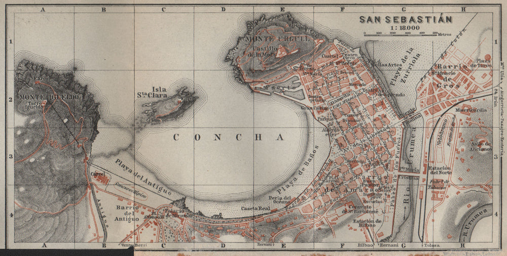 SAN SEBASTIAN antique town city ciudad plan. Spain mapa. BAEDEKER 1914 old