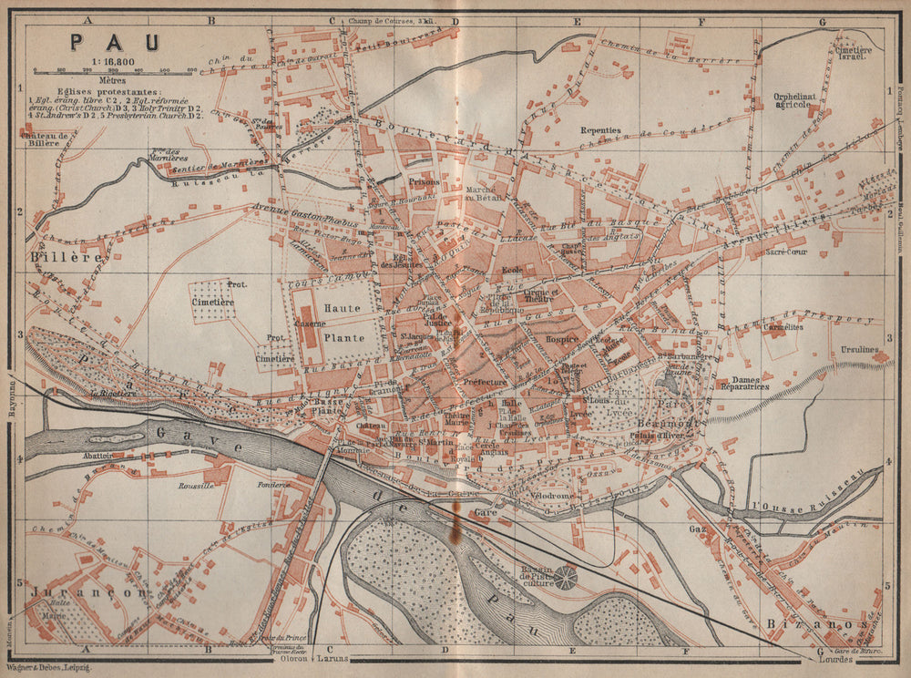 PAU antique town city plan de la ville. Pyrénées-Atlantiques carte 1914 map