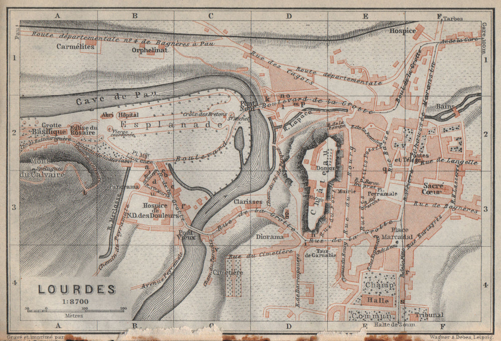 LOURDES antique town city plan de la ville. Hautes-Pyrénées carte 1914 old map