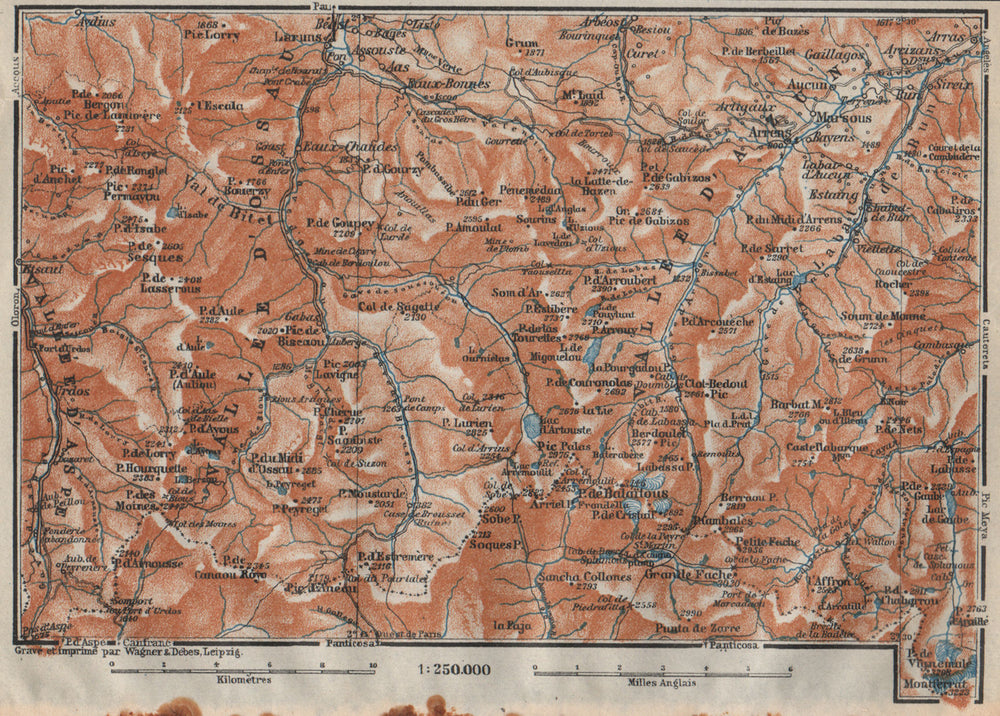 Vallées d'OSSAU & d'AZUN topo-map. Laruns. Hautes-Pyrénées-Atlantiques 1914