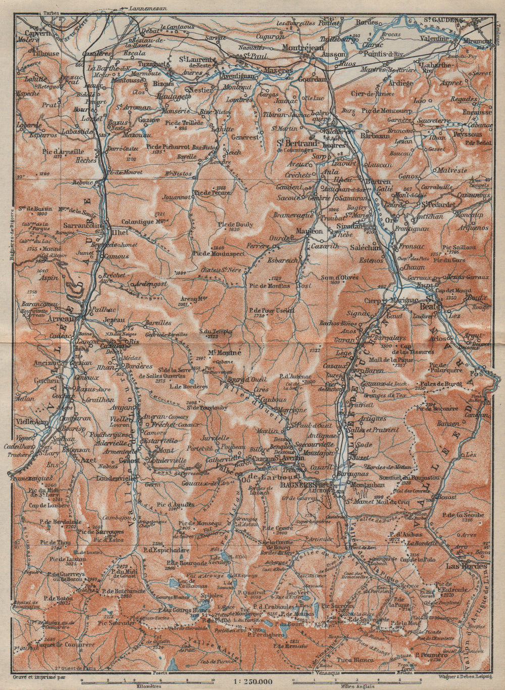 VALLEES D'AURE, DE LUCHON & D'ARAN topo-map. Haute-Garonne/Pyrénées 1914