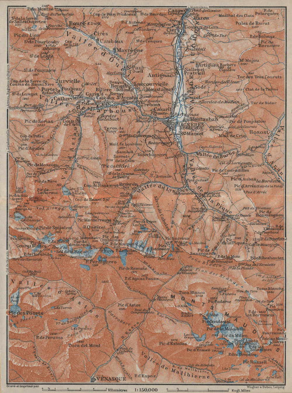 VAL DE LUCHON/ MONTS MAUDITS Bagnères de Luchon topo-map Haute-Garonne 1914