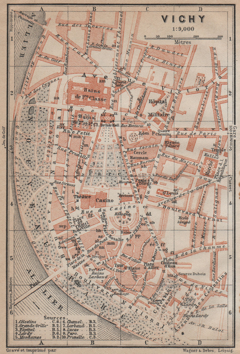VICHY antique town city plan de la ville. Allier carte. BAEDEKER 1914 old map