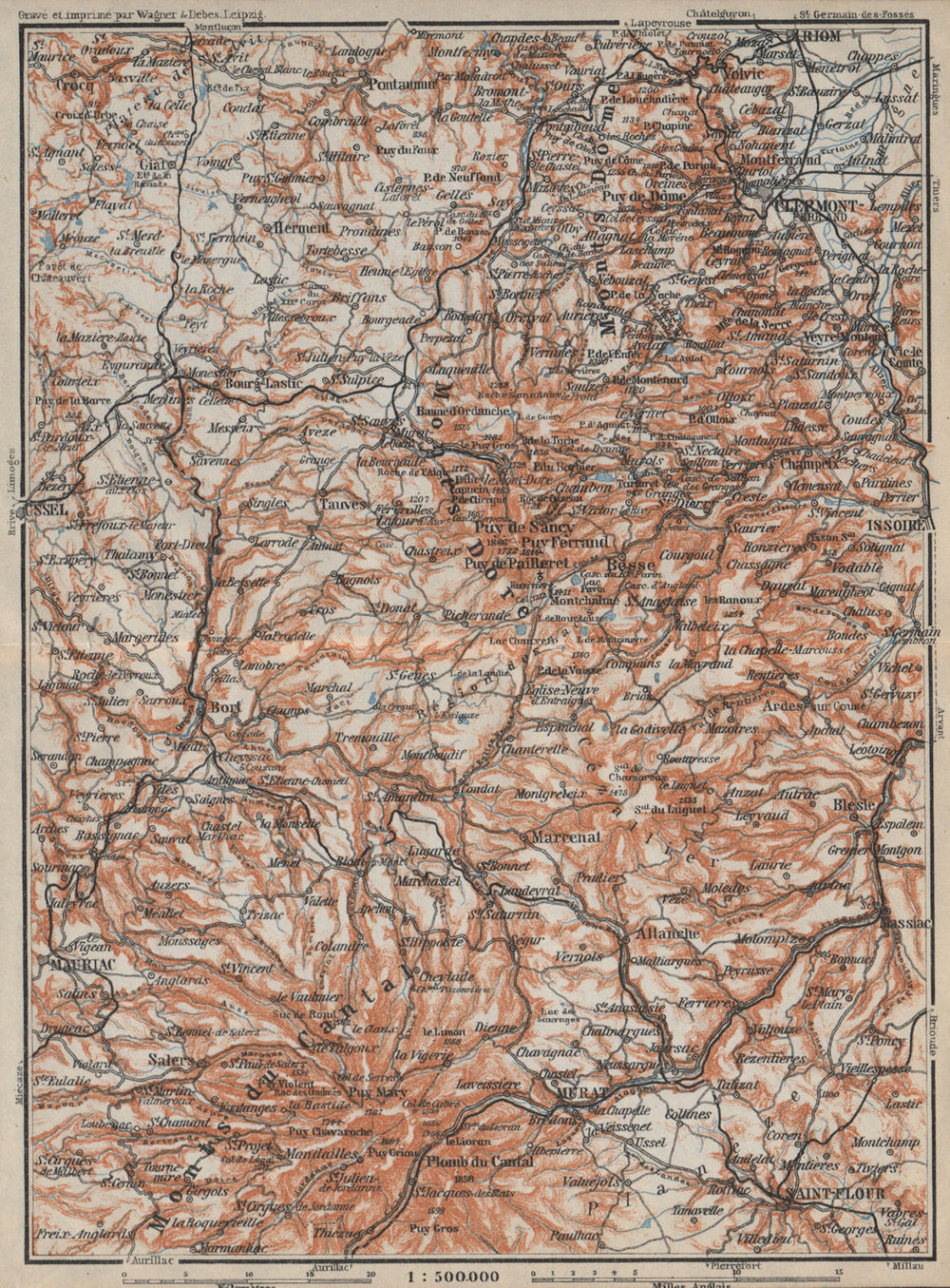 Parc natural volcans d'AUVERGNE. Monts du Cantal Dore Dôme. Volcanoes 1914 map