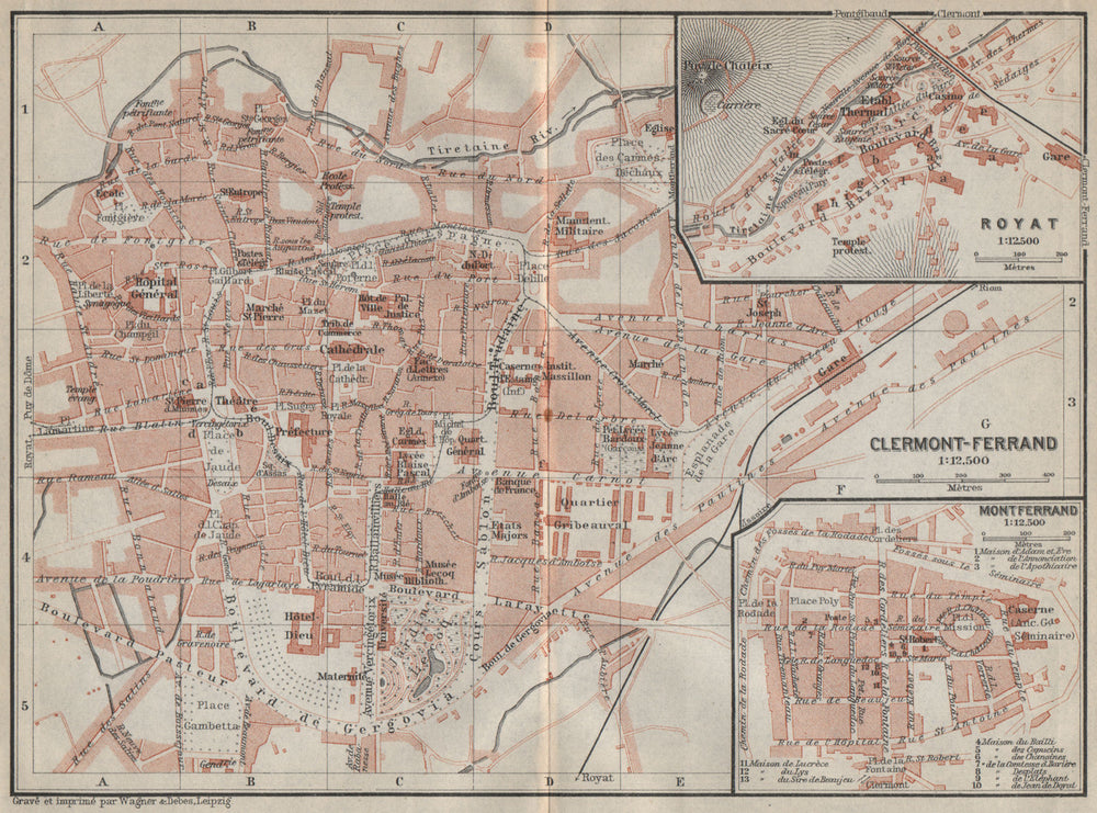 CLERMONT-FERRAND antique town city plan de la ville. Puy-de-Dôme carte 1914 map