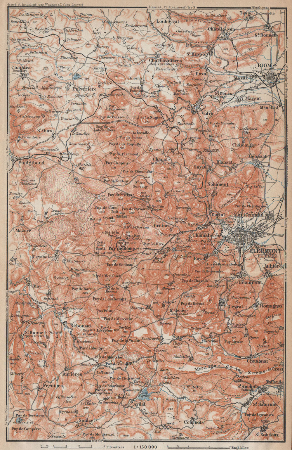 LES MONTS DOME topo-map. Auvergne volcans Clermont-Ferrand Puy-de-Dôme 1914