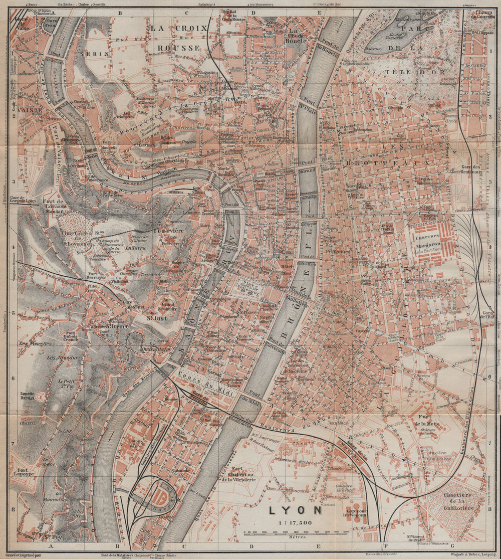 LYONS LYON antique town city plan de la ville. Rhône carte. BAEDEKER 1914 map