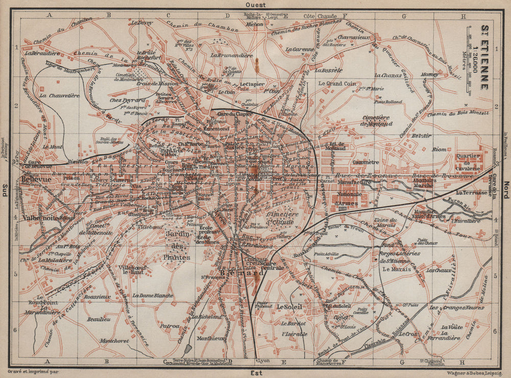 ST-ETIENNE ST. ETIENNE antique town city plan de la ville. Loire carte 1914 map