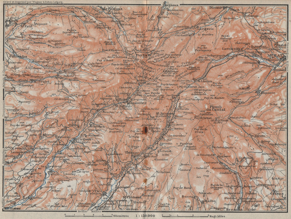MONTS DU CANTAL topo-map. Puy Mary Auvergne Murat Salers Le Claux 1914 old