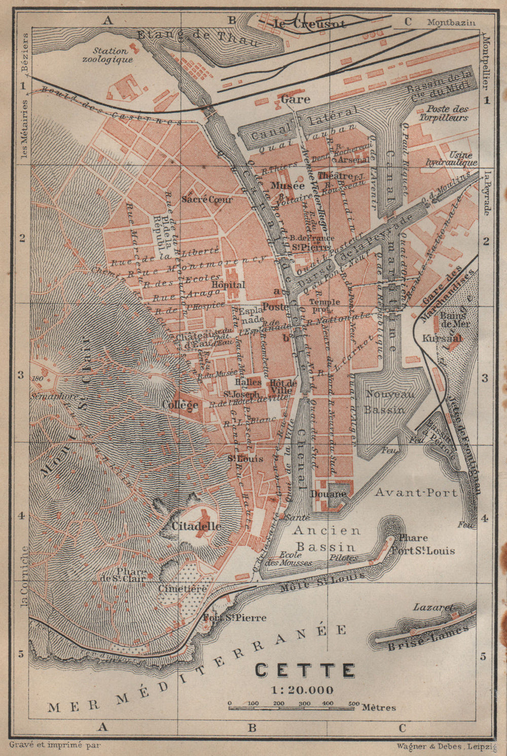CETTE SÈTE antique town city plan de la ville. Hérault carte. BAEDEKER 1914 map