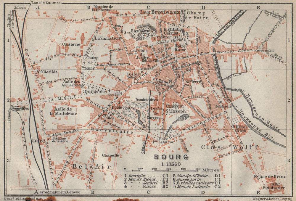 BOURG-EN-BRESSE antique town city plan de la ville. Ain carte 1914 old map