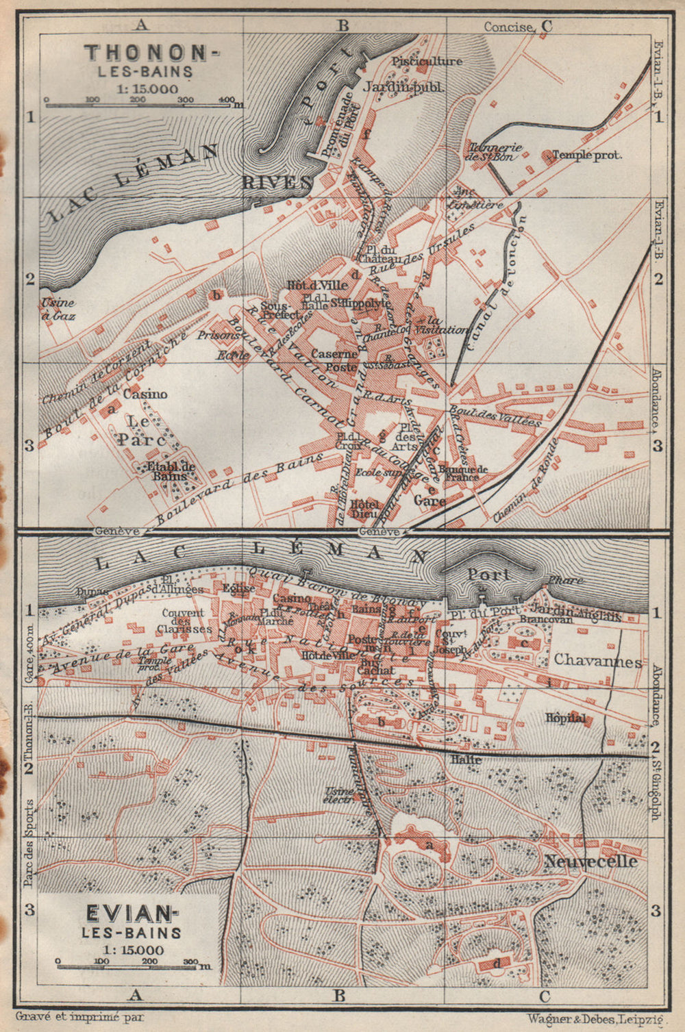 THONON-LES-BAINS & EVIAN-LES-BAINS town city plans. Haute-Savoie carte 1914 map