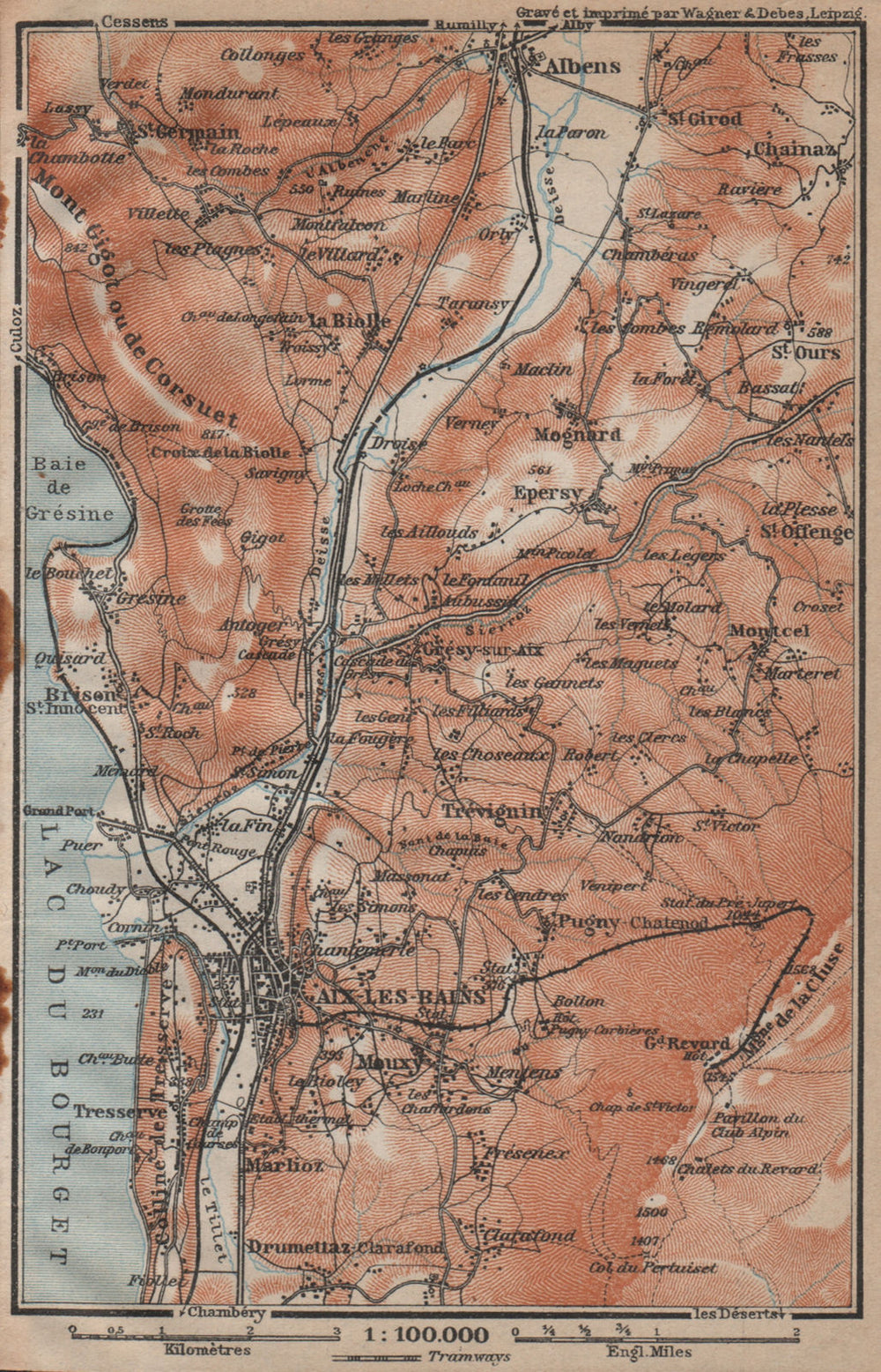 AIX-LES-BAINS town city plan de la ville & environs. Savoie carte 1914 old map
