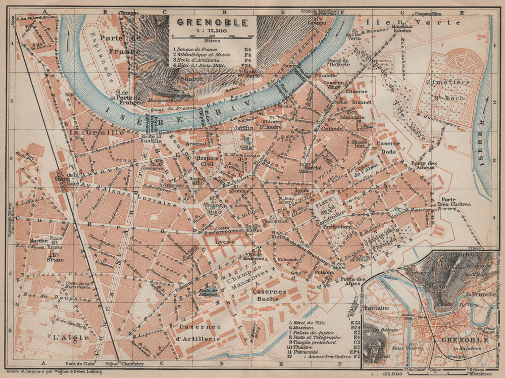 GRENOBLE antique town city plan de la ville. Isère carte. BAEDEKER 1914 map