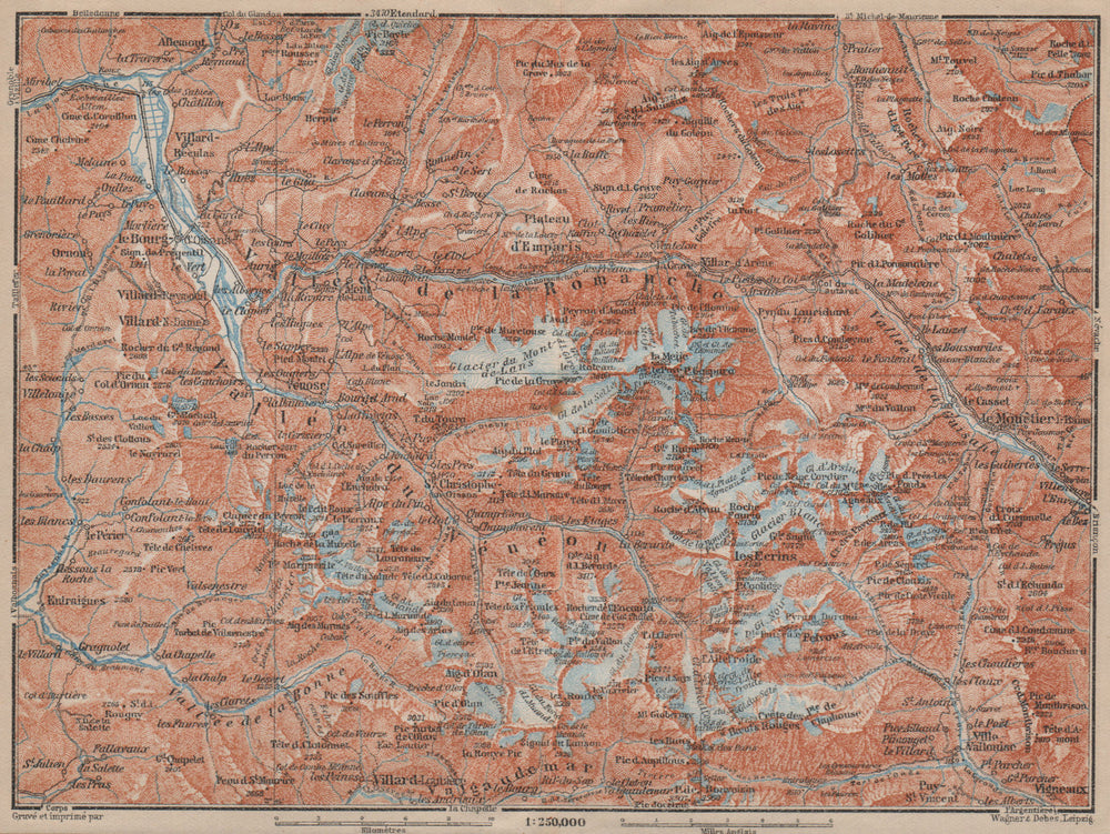 MASSIF DES ÉCRINS Alpe d'Huez Les Deux Alpes Hautes-Alpes Isère carte 1914 map