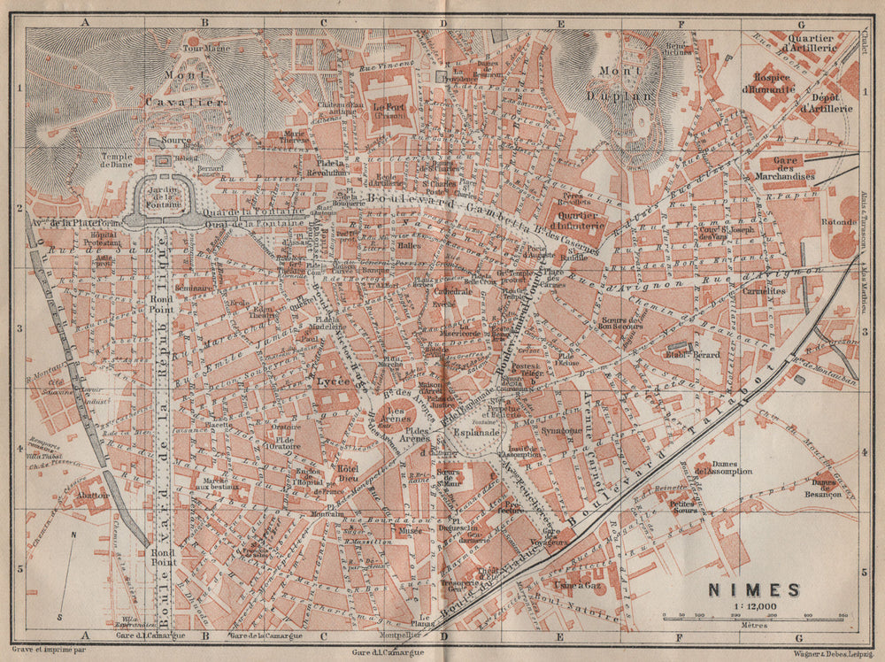NIMES antique town city plan de la ville. Gard. Nîmes carte. BAEDEKER 1914 map