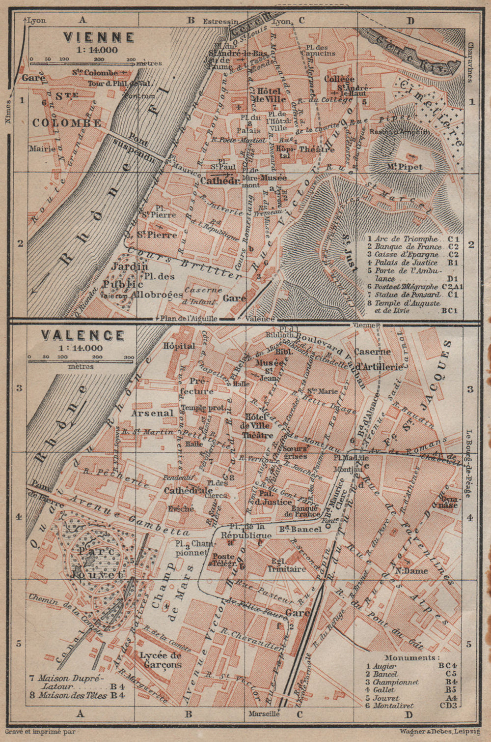 VIENNE (Isère) & VALENCE (Drôme) town city plan de la ville. Rhône 1914 map