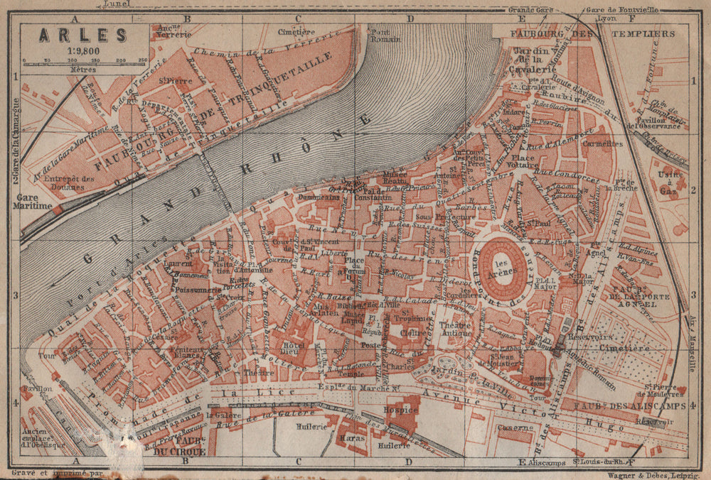ARLES antique town city plan de la ville. Bouches-du-Rhône carte 1914 old map
