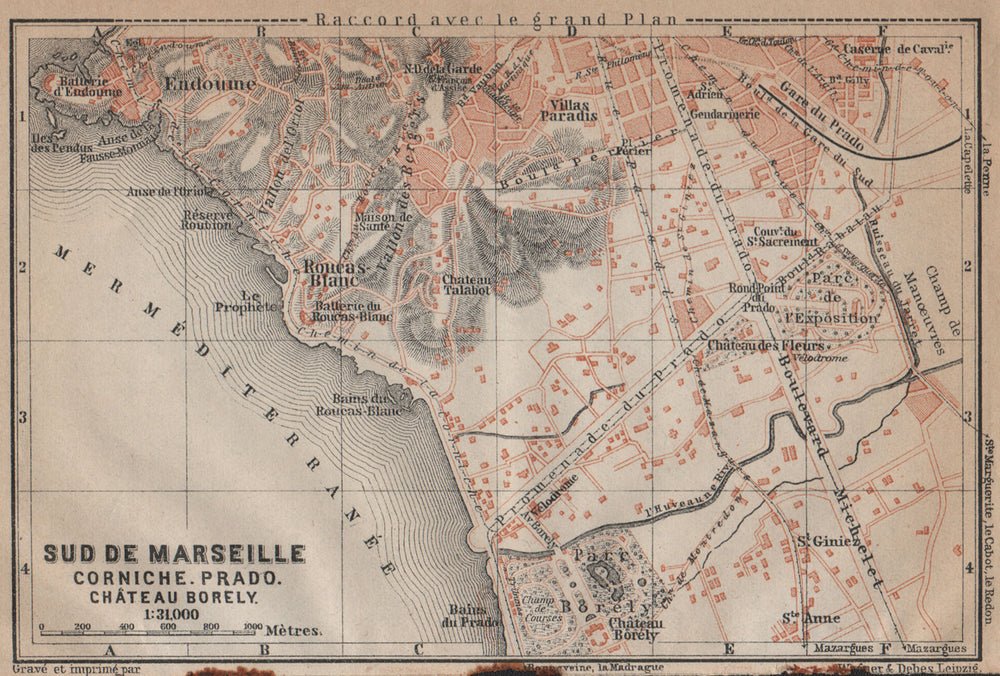 SUD DE MARSEILLE. Corniche Prado Château Borély. Bouches-du-Rhône 1914 old map