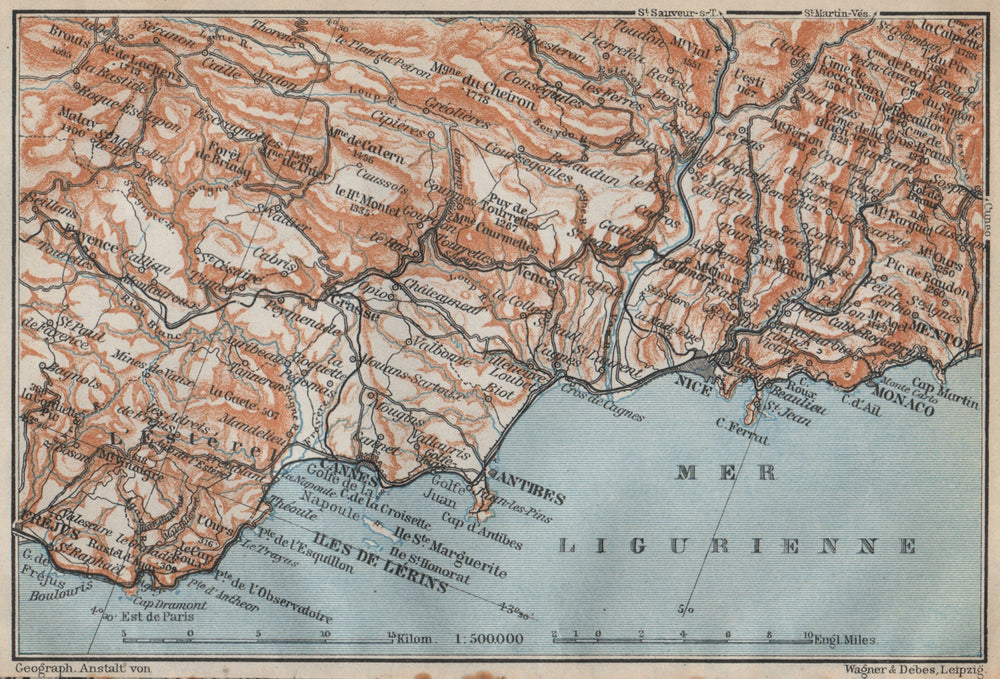 COTE D'AZUR/ de L'Esterel. Cannes Antibes Nice Monaco Frejus Lérins 1914 map