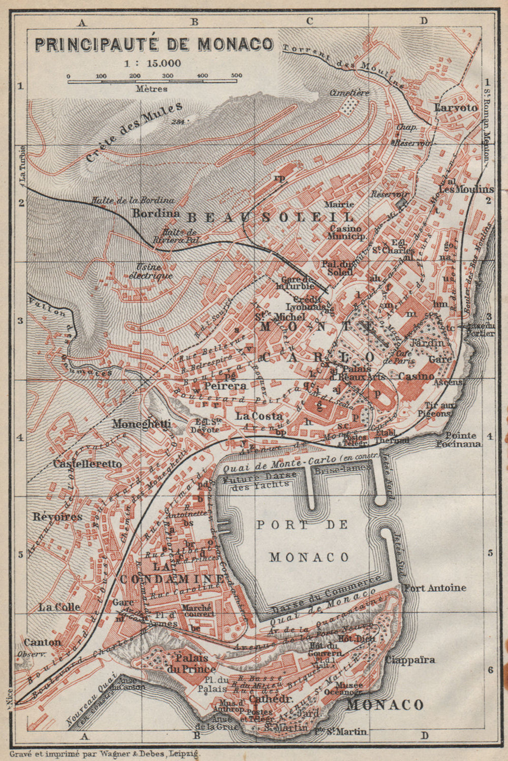 MONACO MONTE CARLO town city plan. La Condamine Beausoleil Principauté 1914 map