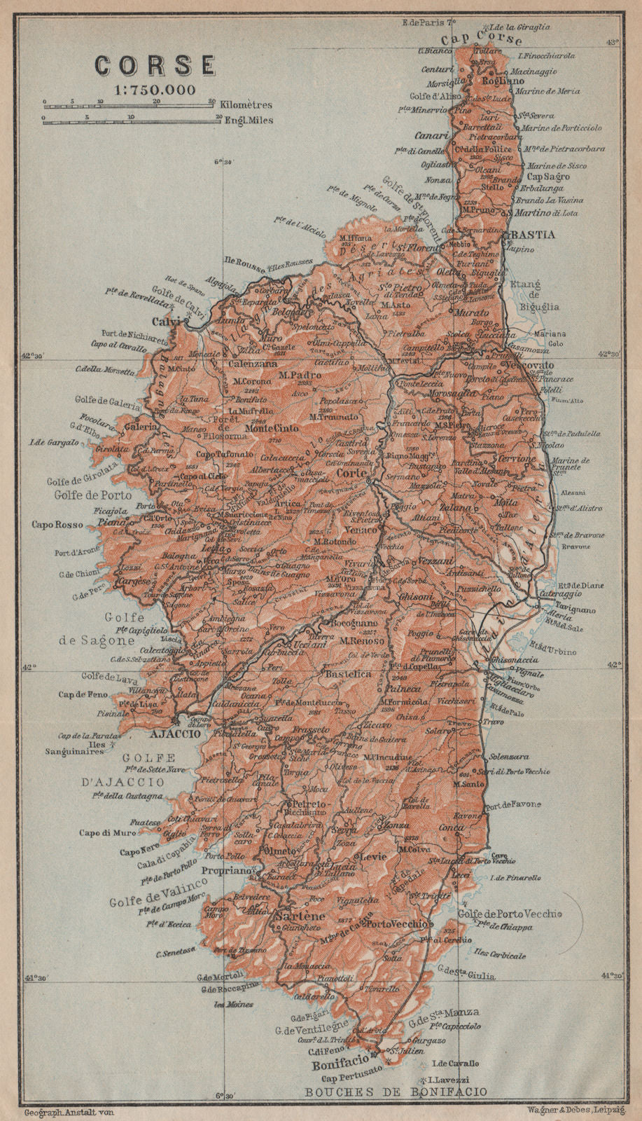 CORSE CORSICA. Bastia Bonifacio Ajaccio Calvi Corte Porto Vecchio Cap 1914 map