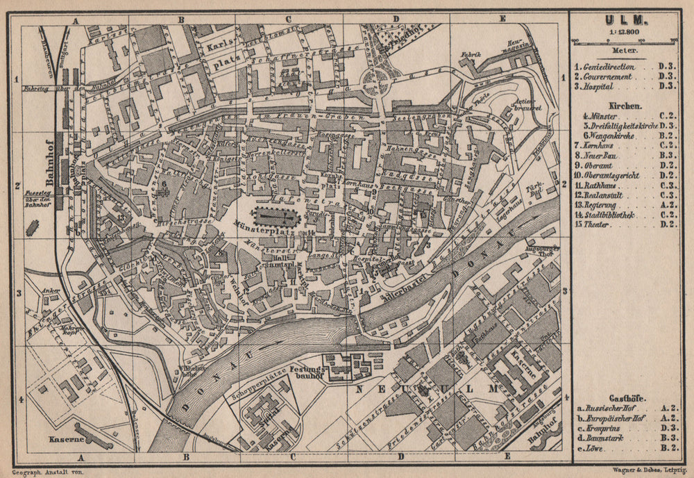 ULM antique town city stadtplan. Baden-Württemberg karte. BAEDEKER 1895 map