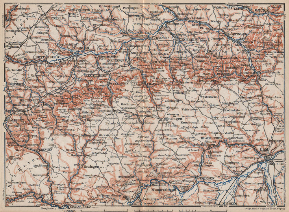 SCHWÄBISCHE ALB. Swabian Jura topo-map. Ulm Rottenburg Gmünd Kirchheim 1895