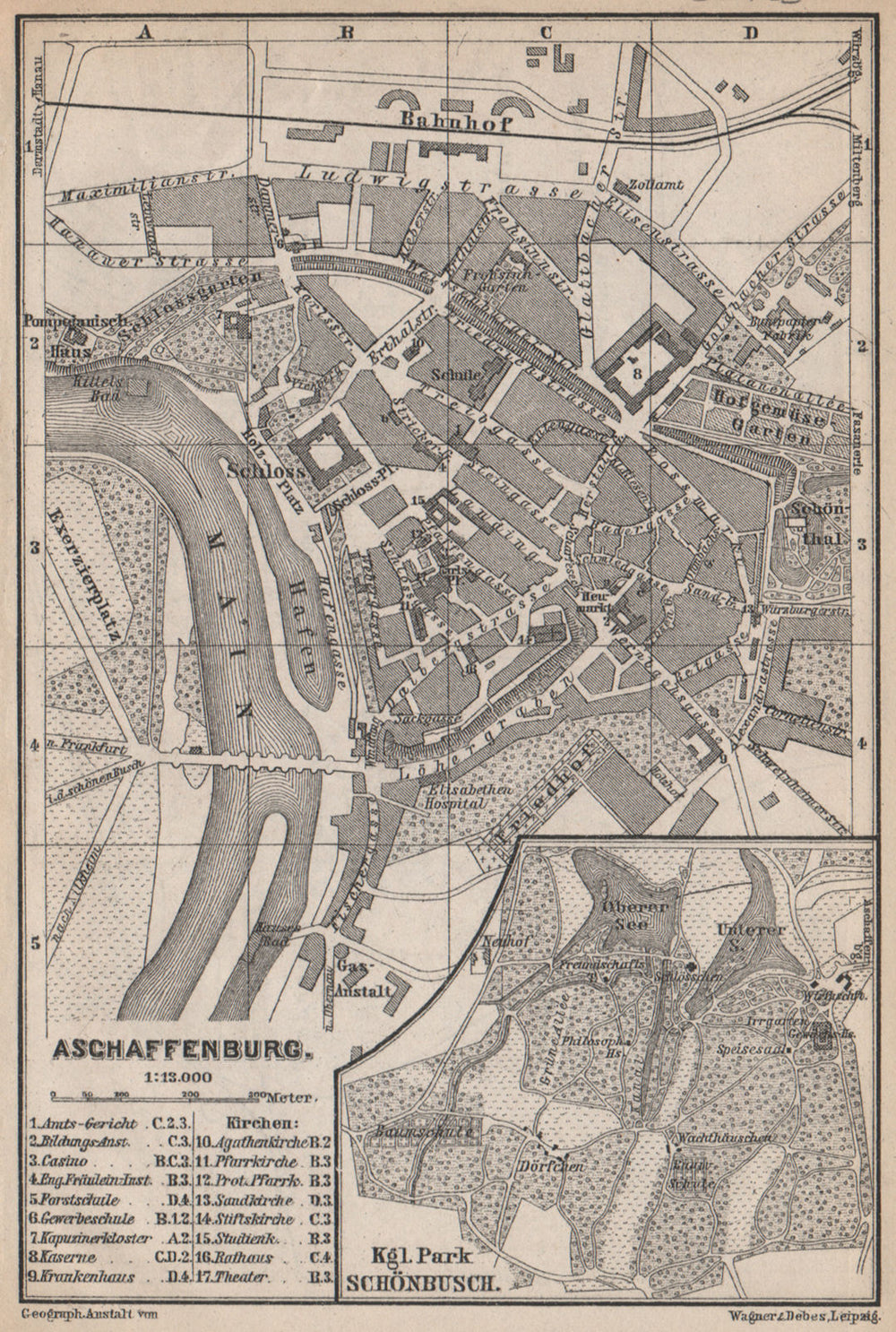 ASCHAFFENBURG antique town city stadtplan. Schönbusch. Bavaria karte 1895 map