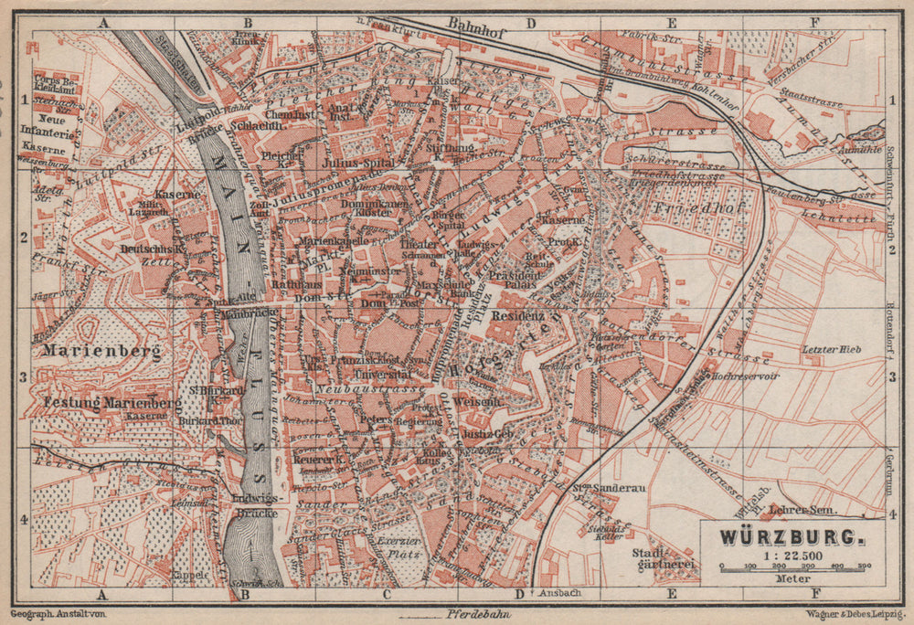 WÜRZBURG town city stadtplan & umgebung/environs. Wurzburg. Bavaria 1895 map