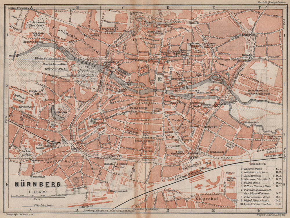NÜRNBERG town city centre/innere stadtplan. Nuremberg. Bavaria karte 1895 map