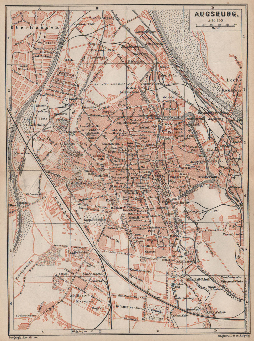 AUGSBURG antique town city stadtplan. Bavaria karte. BAEDEKER 1895 old map